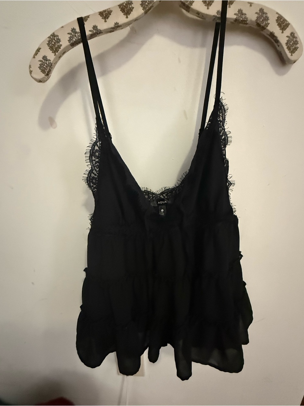 AQUA Black Lace Trim Tiered Ruffle Cami Tank Top Blouse S Babydoll